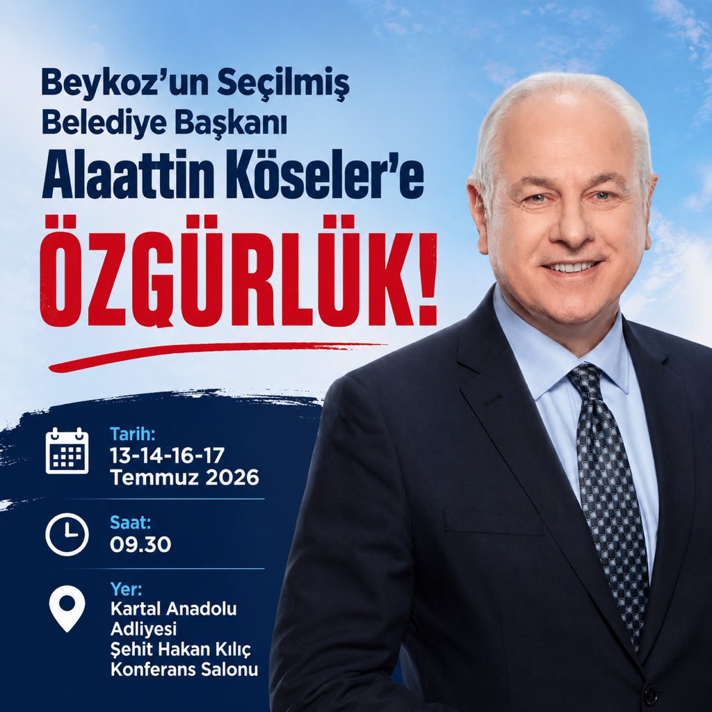 KoselerAlaattin's tweet photo. Beykoz’un seçilmiş Belediye Başkanı Alaattin Köseler’e destek olmak için; 13, 14, 16 ve 17 Temmuz tarihlerinde, saat 09.30’da Kartal Anadolu Adliyesi Şehit Hakan Kılıç Konferans Salonu’nda gerçekleşecek karar duruşmasında buluşuyoruz.

Tüm Beykozluları seçilmiş başkanımıza sahip çıkmaya davet ediyoruz.