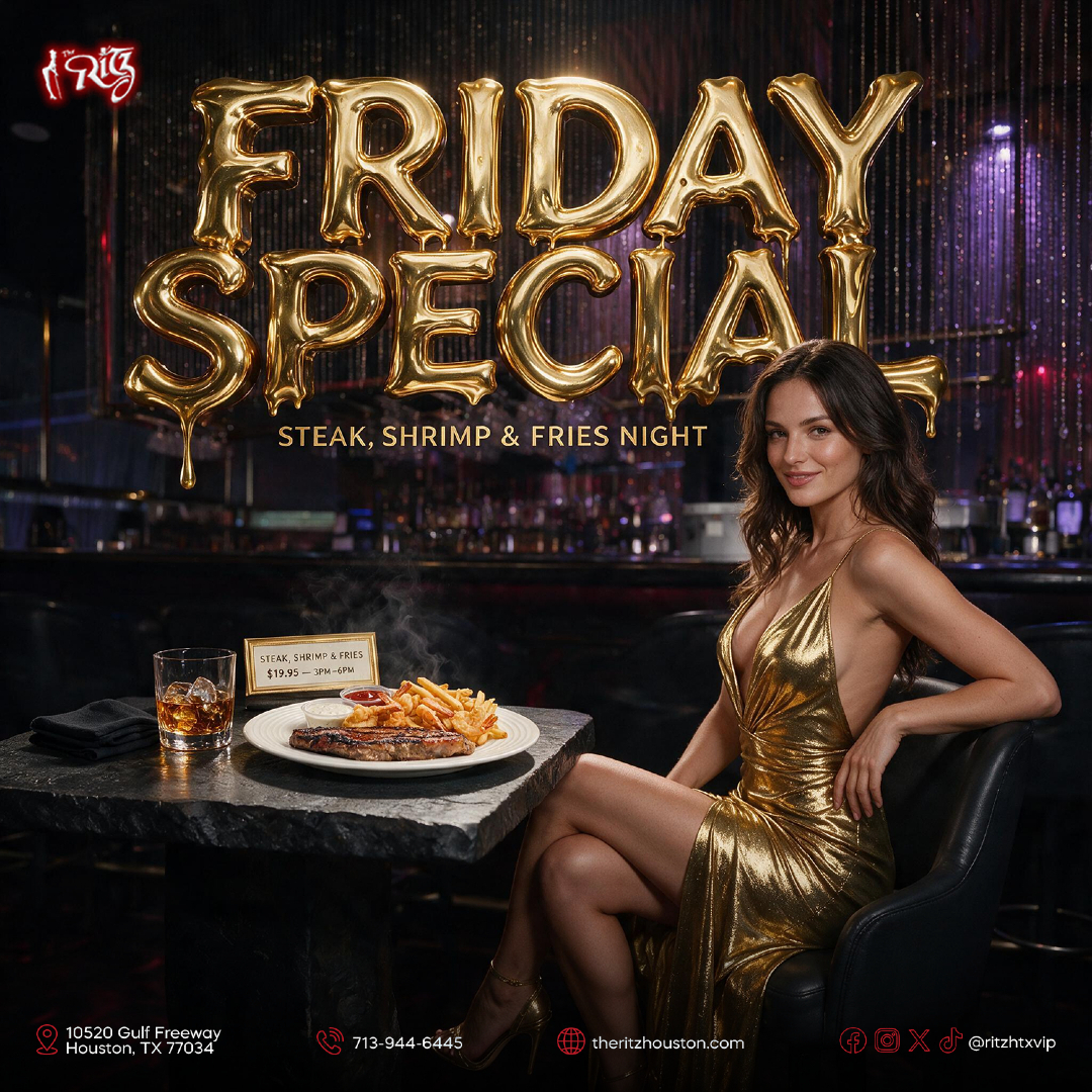 ritzhtxvip's tweet photo. Friday at The Ritz 🔥 FREE Steak &amp; Shrimp Buffet 12pm to 3pm 🥩🍤 $19.95 Steak, Shrimp &amp; Fries 3pm to 6pm 💰 $10.95 Happy Hour 3pm to 7pm 🍻 Weekend starts HERE 😏👑
#TheRitzHouston #FridaySpecial #HTXNights https://t.co/0n11uoFvsi
