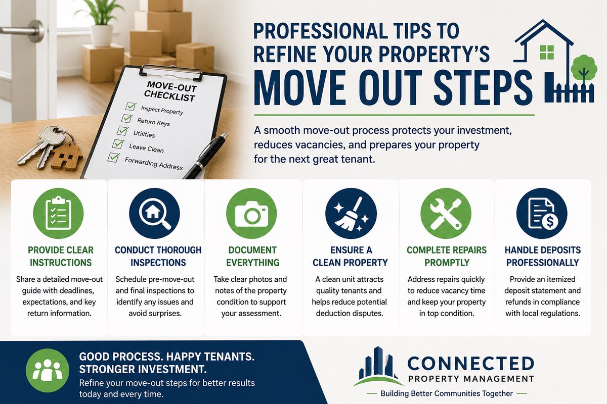 ConnectedPM's tweet photo. A well-planned move-out process protects your property and saves time.

Learn professional tips for inspections, documentation, repairs, and smoother tenant transitions.
#PropertyManagement #RentalProperty #LandlordTips #MoveOut #RealEstateInvesting https://t.co/tn779MXJuR