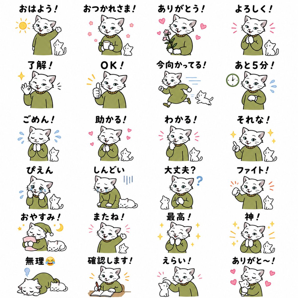 utaduchess's tweet photo. たまこさんに教えてもらったあいるさんのプロンプトで、早速LINEスタンプ作ってみました✨

すごー！めちゃかわええー！ https://t.co/5N9u5QEcyf