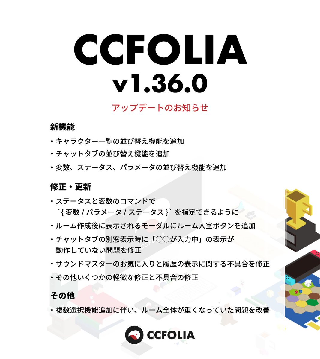 ccfolia_dev's tweet photo. 7/13(月)、ココフォリアの新しいバージョン v1.36.0 がリリースされます。
主なアップデート内容は画像をご確認ください！ https://t.co/QZP9sLvg7I