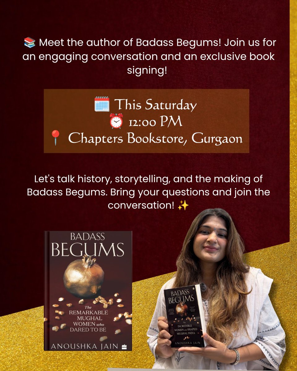 EnrouteH's tweet photo. 📚✨ Join me for an author talk on Badass Begums at Chapters Bookstore &amp; Café, Gurugram!

📅 11 July | 🕛 12 PM
📖 Book reading • 💬 Q&amp;A • ✍️ Book signing

🎟️ Free entry (RSVP): https://t.co/A47rHtR9NY

Can’t wait to see you there! 💛

#BadassBegums #AnoushkaJain #AuthorTalk https://t.co/0fnw8DdFyA