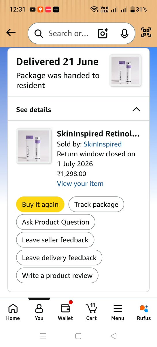 AhiSonal's tweet photo. @amazonIN  Prepaid order (20 Jun): one item delivered, but my SkinInspired Eye Serum (₹2,300) was never received despite being marked delivered. Customer support won't investigate or resolve. Please help. #AmazonIndia https://t.co/kCOYINE08V