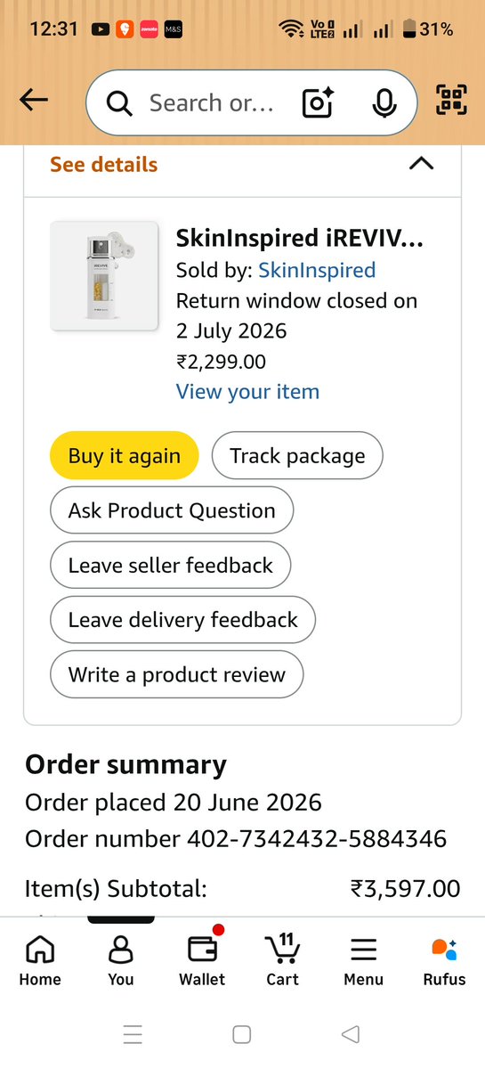 AhiSonal's tweet photo. @amazonIN  Prepaid order (20 Jun): one item delivered, but my SkinInspired Eye Serum (₹2,300) was never received despite being marked delivered. Customer support won't investigate or resolve. Please help. #AmazonIndia https://t.co/kCOYINE08V