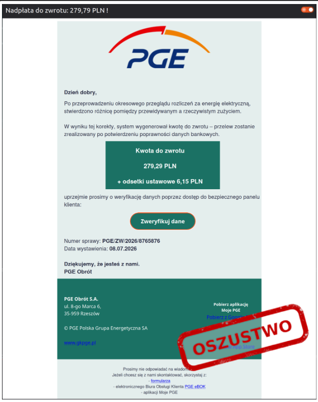 yelonec's tweet photo. CERT Polska [@CERT_Polska] ostrzega przed wiadomościami podszywającymi się pod PGE i obiecującymi zwrot nadpłaty za prąd. 

🚨Nie loguj się przez link z wiadomości. 

🔌Rozliczenia sprawdzaj samodzielnie w oficjalnym serwisie, a podejrzane SMS-y prześlij na 8080. https://t.co/AufmRHqxgY