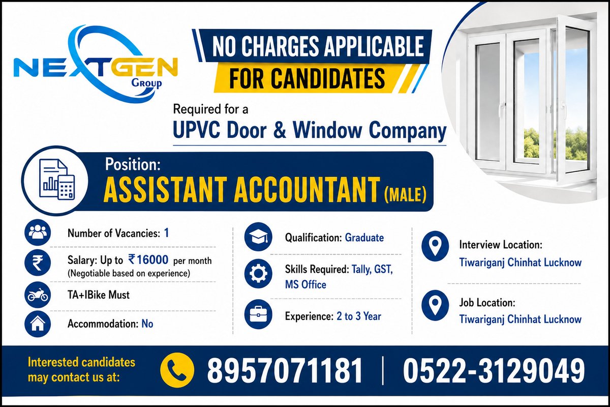HrNextgengroup's tweet photo. Accountjob #accountjob #accountjobs #graduatejob #graduatejobs #lucknowjob #LucknowJobs #freejob #FreeJobPostings #malejob #malejobs https://t.co/k0eN5lvRBo