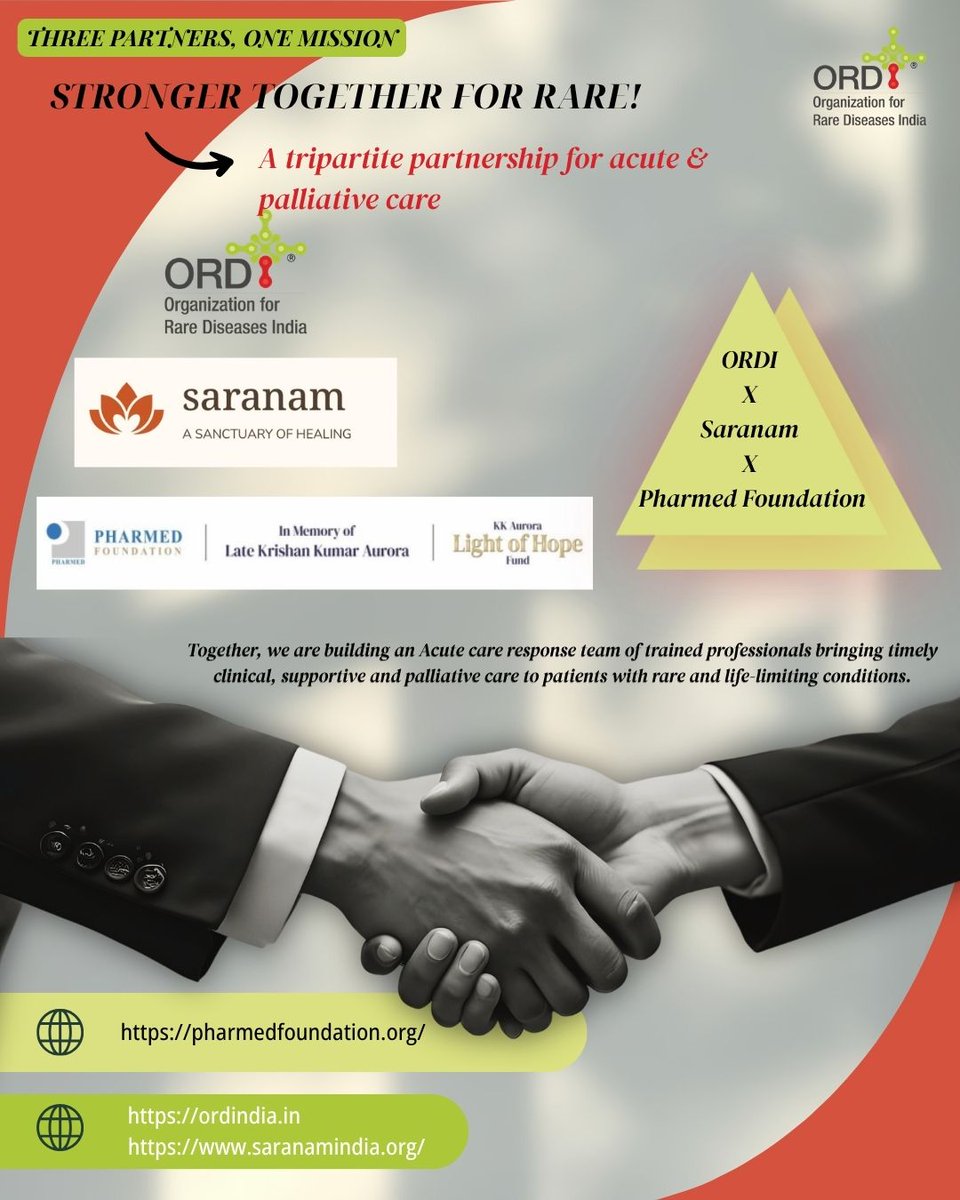 ORDIndia's tweet photo. Stronger together for rare. 🤝
On 1 July 2026, @ORDI received CSR support through the Pharmed Foundation for our tripartite project with Saranam India &amp; @PharmedLimited: launching an Acute Care Response Team for rare &amp; palliative care.
#RareDiseases #CSR #ORDI https://t.co/Q60dTZfzlI