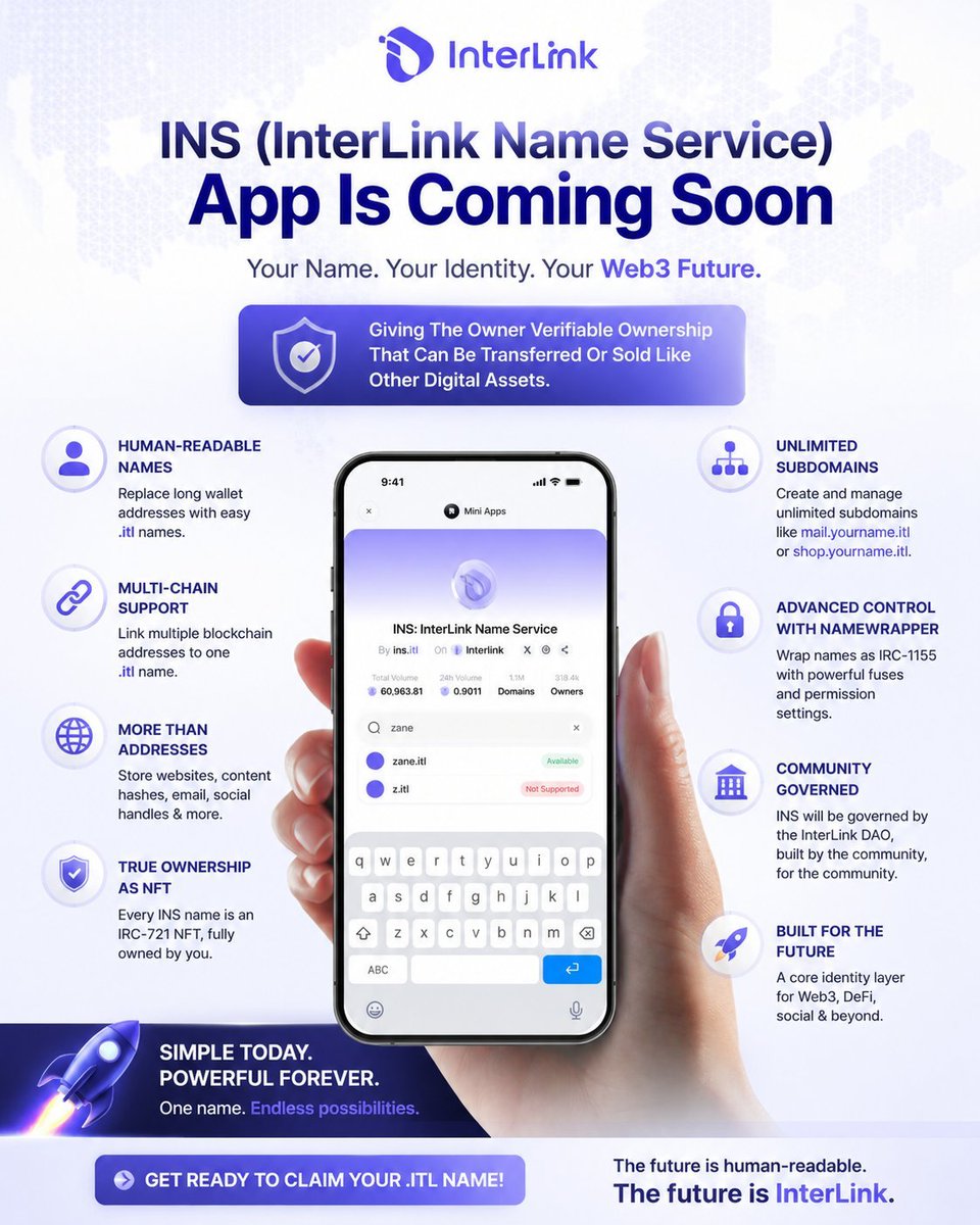 INTERLINKN98722's tweet photo. 🚀 Your Web3 identity is evolving.
INS (InterLink Name Service) replaces complex wallet addresses with simple .itl names. One name. Multiple chains. True NFT ownership. The future of digital identity starts here. 🔥
#InterLink #INS #ITL #ITLG #Web3 https://t.co/WMADAGKbQr