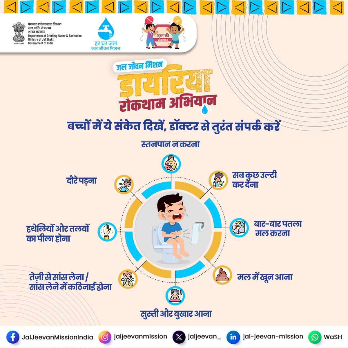 jjmchhattisgarh's tweet photo. बच्चों की मुस्कान सुरक्षित रखें...💧

#डायरिया के लक्षण दिखें तो याद रखें:
• ORS दें 
• जिंक दें 
• तुरंत स्वास्थ्य केंद्र/आशा कार्यकर्ता से संपर्क करें।

सुरक्षित #पेयजल, स्वच्छता व समय पर उपचार ही प्रभावी बचाव है।

16 जून–31 जुलाई 2026 | #StopDiarrhoeaCampaign #HarGharJal https://t.co/MBlfr9LNZX