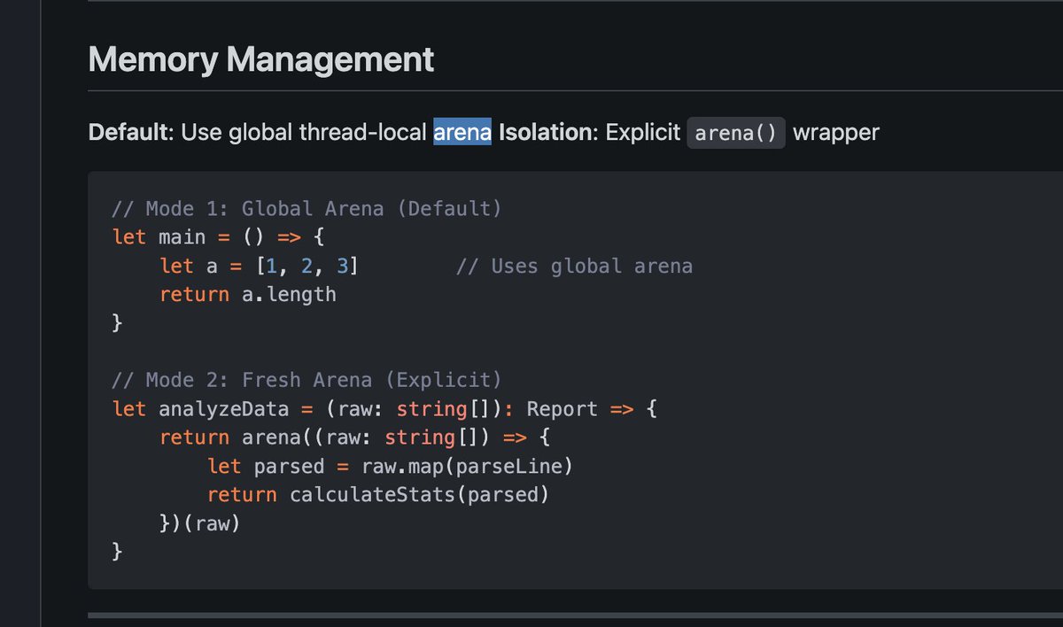 himu_up's tweet photo. @realamlug Can you make GC optional? More deterministic maybe. Arena allocation suffices for most programs other than complex GUIs and closures. https://t.co/WvPwdjac5y