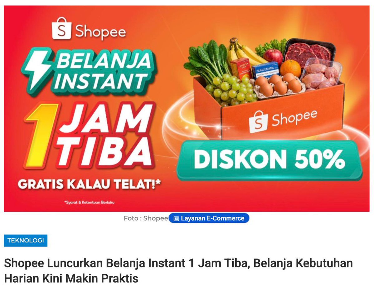 BosRQ_'s tweet photo. dulu kalau stok dapur habis pasti harus keluar rumah. sekarang mah tinggal checkout di shopee aja, mau sayur, daging, buah sampai obat langsung meluncur. makin hemat karena ada diskon 50% + gratis voucher kalau telat! 😍 #BelanjaInstant1JamdiShopee https://t.co/5Xt2YjeyQ6