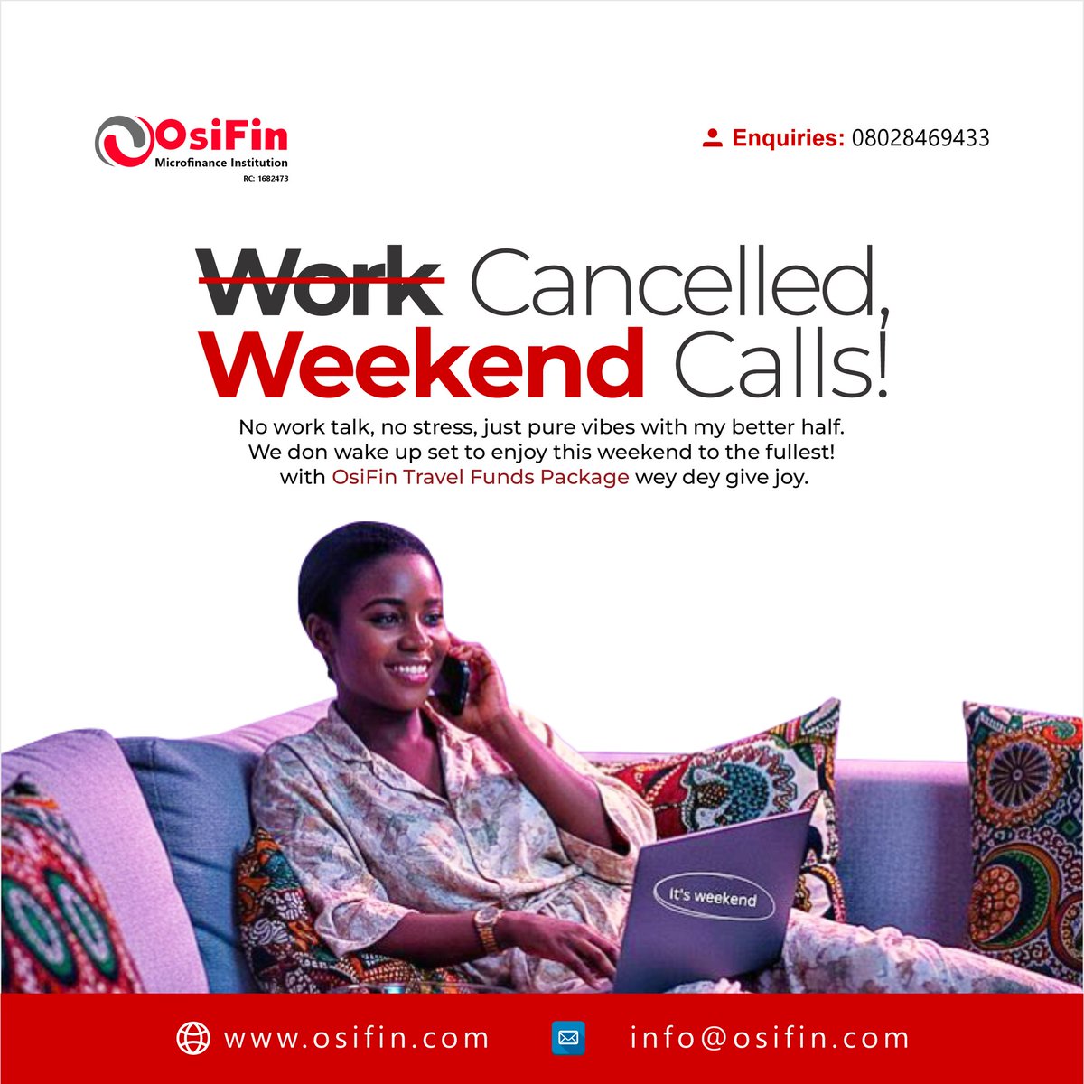 OsiFin's tweet photo. The weekend calls!!!😍
Enjoy sweet weekend travel funds rates with speed for a great experience with your loved ones.

For enquiries call: 08028469433

#tgif
#weekend 
#immigration 
#nigeria 
#dreams 
#travel 
#loan 
#funds https://t.co/UC8A6ueN3P