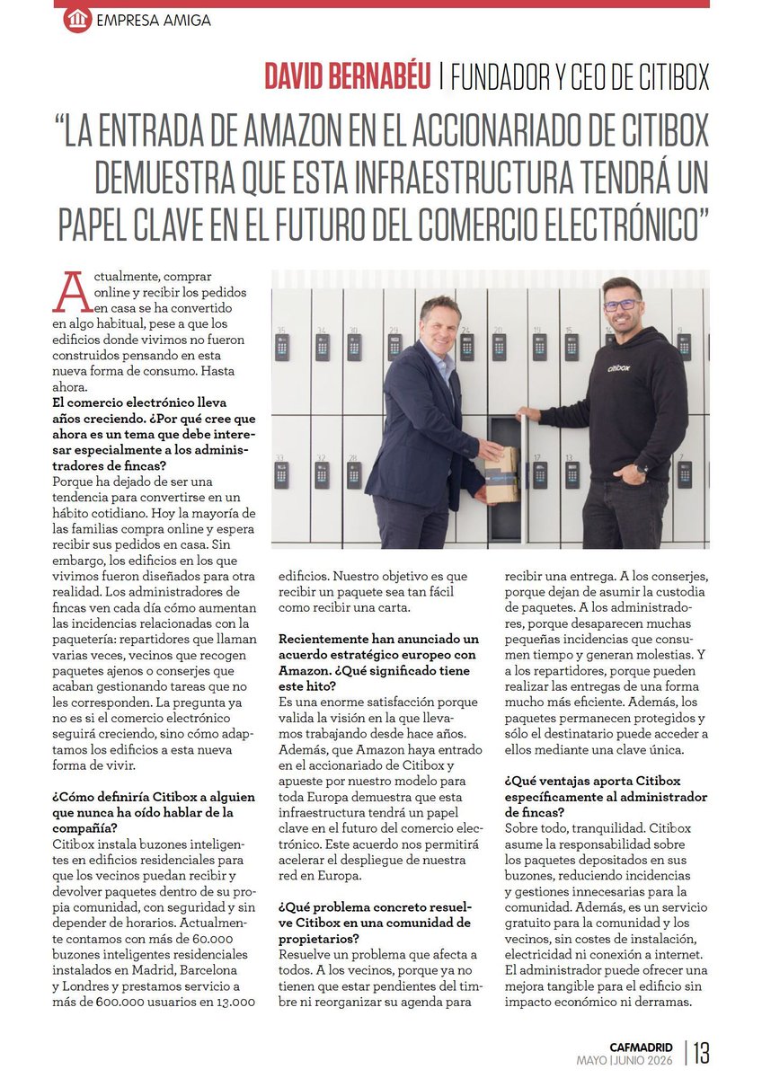 CAFMadrid's tweet photo. 🙋‍♂️ Tras nuestro reciente convenio con @citiboxES, entrevistamos a David Bernabéu, CEO de la empresa, que nos explica cómo esta solución facilita la vida de las comunidades de propietarios.

👇 En la revista de los #AFColegiados
https://t.co/H8wiM7JzBY https://t.co/6jAE6YBeQE
