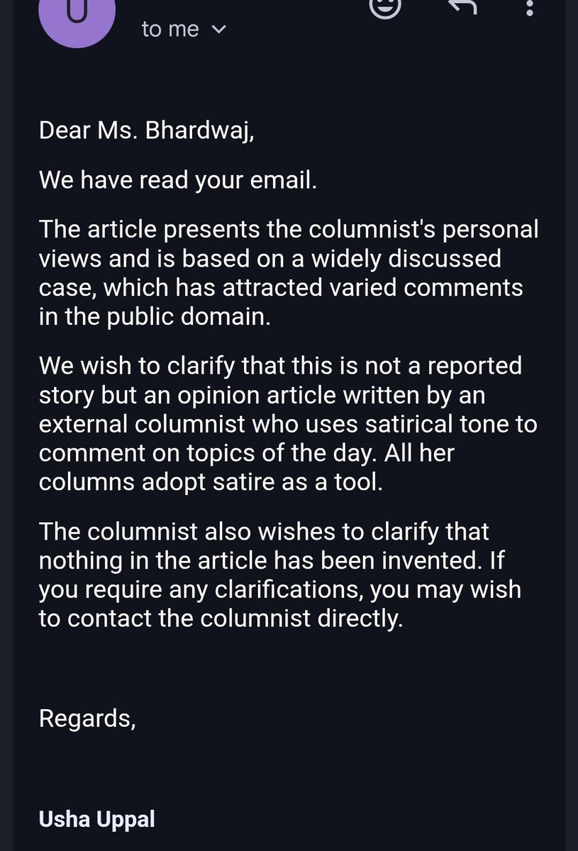 DeepikaBhardwaj's tweet photo. So, we had formally written to @ThePrintIndia @ShekharGupta about the despicable opinion piece written by @DeShobhaa & carried by them, mocking murder of #KetanAgarwal 

THIS IS THEIR REPLY 

"External columnist who uses satirical tone to comment on topics of the day. All her columns adopt satire as a tool. Columnist clarify that nothing in the article has been invented"

I further asked Usha Uppal if they can share link to any article by Shobhaa De where she used satirical tone over murder or death of a woman and I am yet to receive her reply 

So this platform is atleast agreeing that the opinion piece was a satire.

SATIRE OVER A COLD BLOODED MURDER

WHY? Because the victim is a man and perpetrator a woman. Ofcourse they haven't dared to carry a similar satire over tragic death of a woman ever because they know they'll be summoned by National Commission for women immediately & be cancelled in the Industry

But here they can get away. And they have. And they are brazen and unrelenting standing by a piece that is ludicrous, disrespectful to the dead and celebrating an alleged murderer. 

I never received any response from @IndEditorsGuild 

But I will not stop. We will escalate this until this sick article is taken down and an apology is issued. 

A news platform isn't a ground for satirists to play mocking a murder.