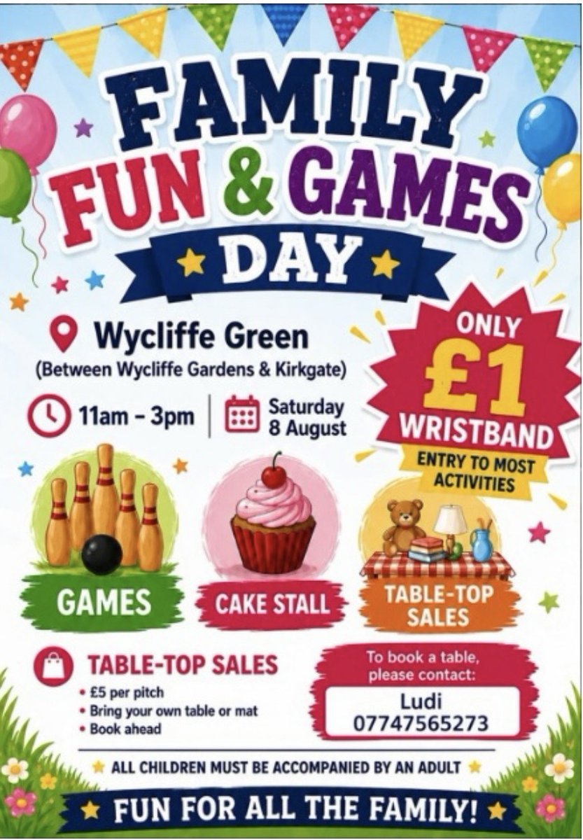 ShipleyTC's tweet photo. On Saturday 8th August, a family fun day is being held on Wycliffe Green.
All invited and children must be accompanied by an adult.
There's still an opportunity to take part in the table top sale - contact Ludi to book 07747565273.
#Shipley #ShipleyCommunity #ShipleyEvents https://t.co/14Qb0SwR81