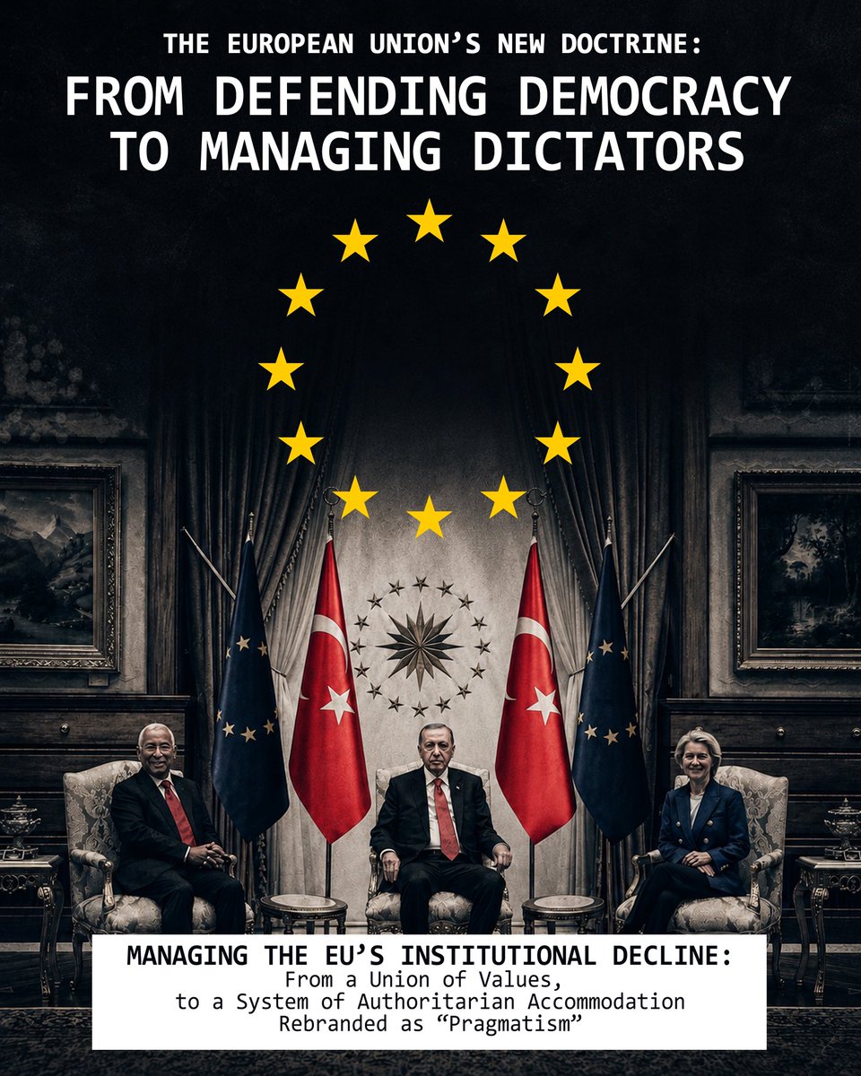 ictinus_x's tweet photo. The EU’s decline is no longer a warning. It has become policy.

It is managed through the language of pragmatism: accommodating authoritarian power, excusing illegal occupation, normalising threats against its own member states, and recasting appeasement as strategic necessity. 

What was once a Union of democratic standards has become a system of strategic excuses, where appeasement is institutionalised and degradation is sold as responsible diplomacy.
