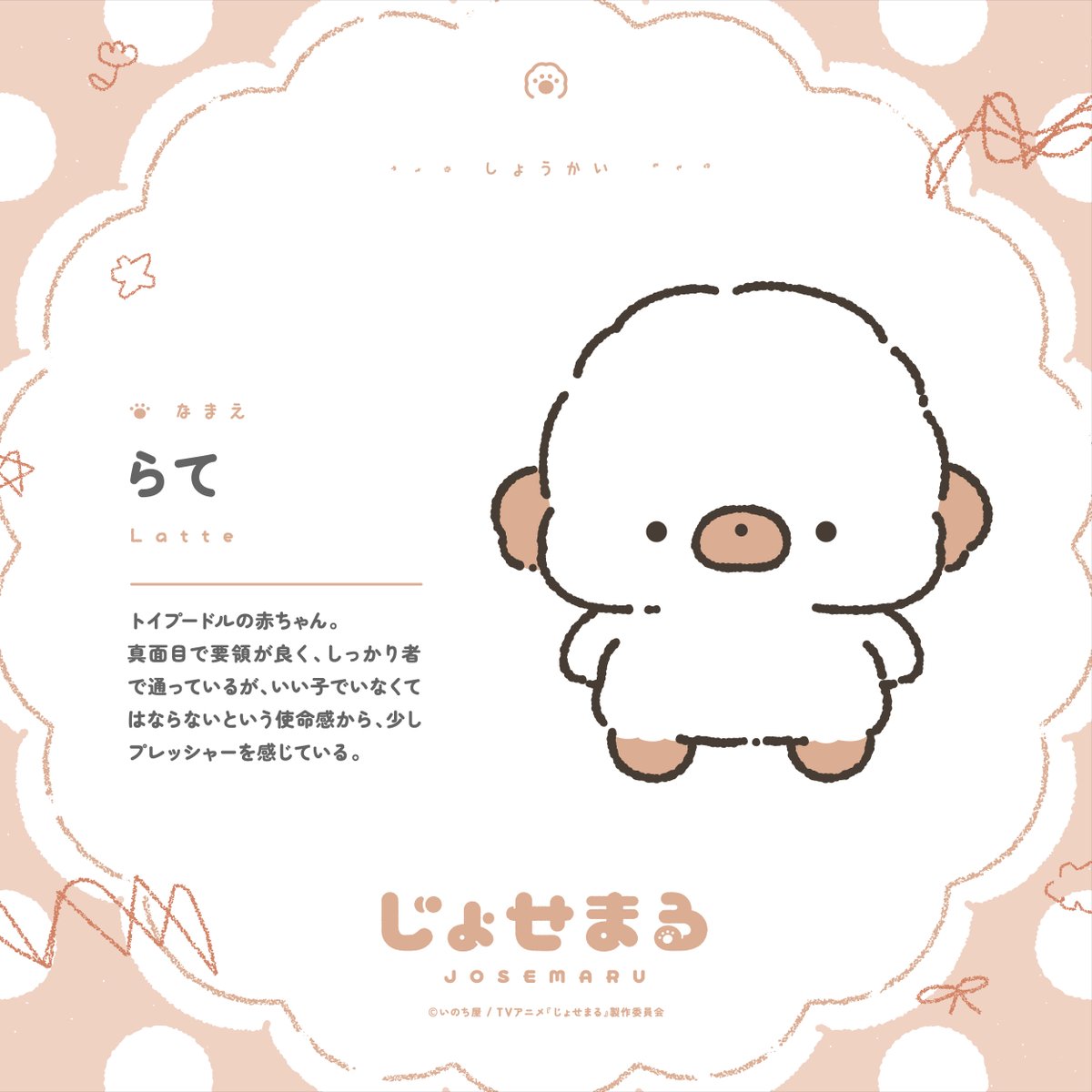 josemaru_anime's tweet photo. 🐾キャラクター紹介🐾

【 #らて 】

トイプードルの赤ちゃん。
真面目で要領が良く、しっかり者で通っているが、いい子でいなくてはならないという使命感から、少しプレッシャーを感じている。
☆.｡.:･ﾟ

放送をお楽しみに✨

#アニメじょせまる https://t.co/W9FmXz41ID