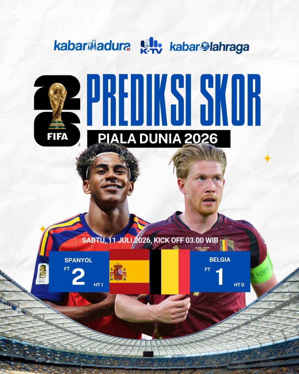 K_tvofc's tweet photo. Prediksi skor @fifaworldcup versi 
@a.berlian4 

Pesepakbola profesional ini memprediksi Spanyol akan lolos ke Semi Final.

Bagaimana prediksimu?

#KTV #KabarMadura #KabarOlahraga #PialaDunia2026 #PrediksiSkor https://t.co/6O8mvXHJih