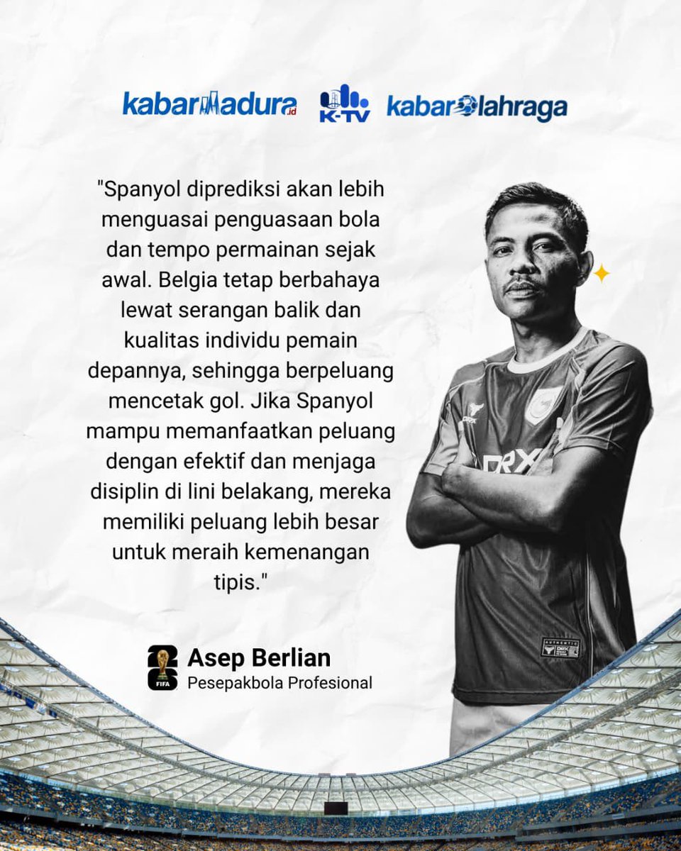 K_tvofc's tweet photo. Prediksi skor @fifaworldcup versi 
@a.berlian4 

Pesepakbola profesional ini memprediksi Spanyol akan lolos ke Semi Final.

Bagaimana prediksimu?

#KTV #KabarMadura #KabarOlahraga #PialaDunia2026 #PrediksiSkor https://t.co/6O8mvXHJih