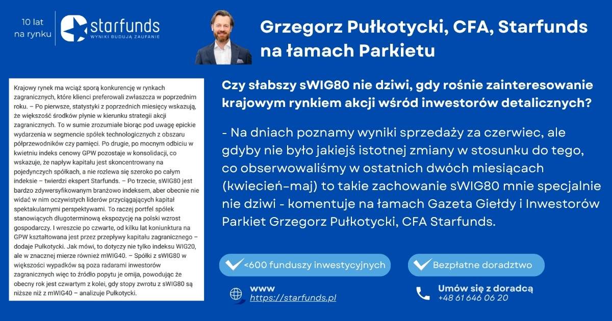 starfunds_pl's tweet photo. Przez 8 miesięcy mWIG40 Total Return prawie zawsze był mocniejszy od sWIG80 Total Return, a i zdecydowanie poprawiło się podejście inwestorów #TFI do #funduszy polskich akcji. Zarządzający przychylniej patrzą na spółki z drugiej linii krajowego rynku. Czy słabszy sWIG80 nie dziwi, gdy rośnie zainteresowanie krajowym rynkiem akcji wśród inwestorów detalicznych? Komentuje na łamach @Parkietcom @G_Pulkotycki, CFA, @starfunds_pl.

https://t.co/2Nv908b2p0
#funduszeinwestycyjne