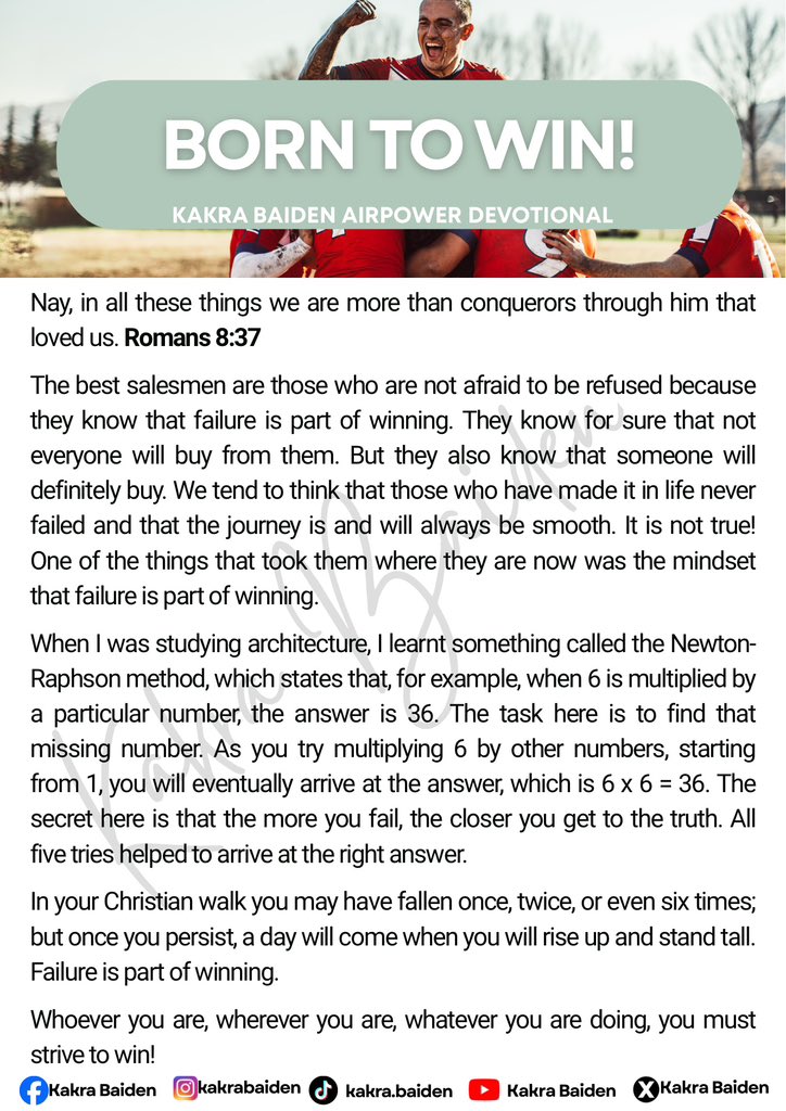 ProphetKakraB's tweet photo. Every setback is preparing you for a greater comeback. Don’t let failure define you; let it refine you. Keep trusting God, keep moving forward, and never give up. In Christ, you are more than a conqueror!

#kakrabaiden #devotional https://t.co/Of2PJMases