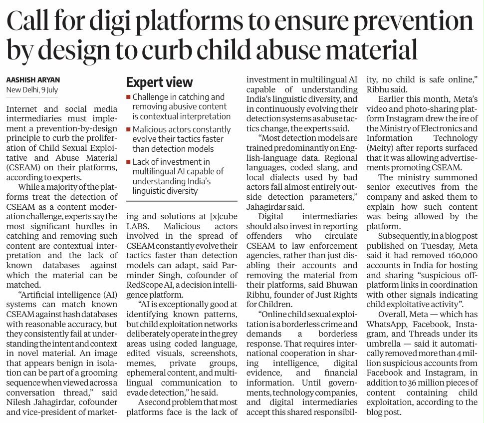 JustRightsIndia's tweet photo. As concerns over Child Sexual Exploitative and Abuse Material (CSEAM) continue to grow, our founder, @Bhuwan_Ribhu , has called for digital platforms @Meta @instagram @facebook @WhatsApp to adopt a #PreventionbyDesign approach and make child safety a core responsibility, not a compliance exercise.
"Online child sexual exploitation is a borderless crime and demands a borderless response. That requires international cooperation in sharing intelligence, digital evidence, and financial information. Until governments, technology companies, and digital intermediaries accept this shared responsibility, no child is safe online," said @Bhuwan_Ribhu , Founder, @JustRightsIndia .
Protecting children online requires Prevention by Design, #strongerlaws, platform #accountability, and coordinated global action to dismantle the organised criminal networks driving #CSEAM.
Read the full article published in Business Standard @bsindia below.
#JustRightsForChildren #OnlineChildSexualAbuse