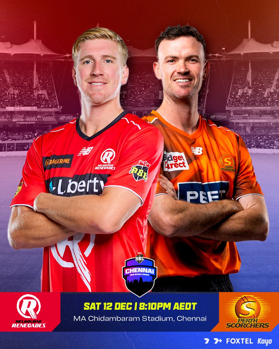 BBL's tweet photo. Season openers don't get bigger than this 🔥

The @RenegadesBBL and @ScorchersBBL are set to make history in the first game of #BBL16 in Chennai 🇮🇳 https://t.co/aoRSgsB5x2