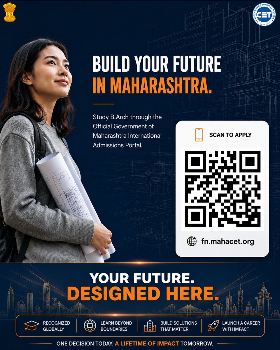study_in_maha's tweet photo. What if your classroom could shape tomorrow's skyline?
Turn bold ideas into iconic designs. Study B.Arch in Maharashtra and build the future.
Scan the QR &amp; apply now at https://t.co/0CbNL3N3rx
#StudyInMaharashtra #StudyInIndia #Architecture #InternationalStudents #StudyAbroad https://t.co/0IcSnKmSx7