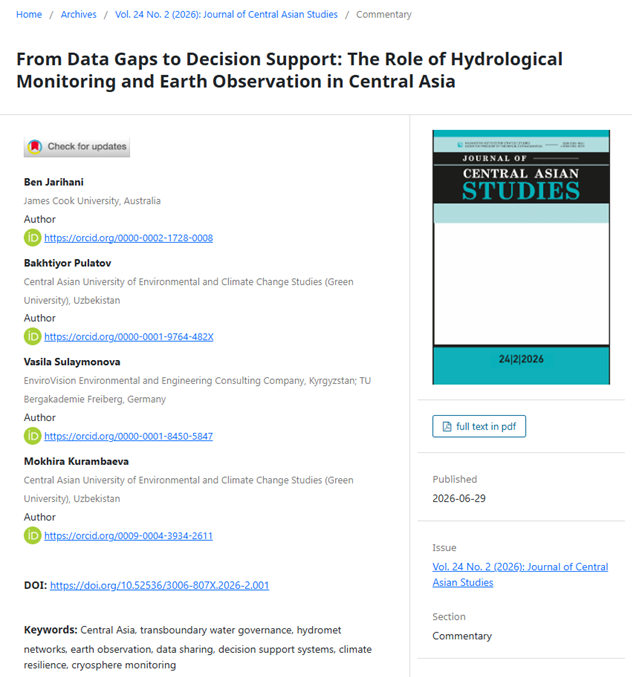 jcas_journal's tweet photo. The policy commentary by B. Jarihani, B. Pulatov, V. Sulaymonova &amp; M. Kurambaeva explores the need for robust hydrological monitoring and data-sharing systems in Central Asia.
Full article: https://t.co/6rTqZS3HFH
#transboundarywatergovernance #hydrometnetworks #earthobservation https://t.co/4qrVILVumO