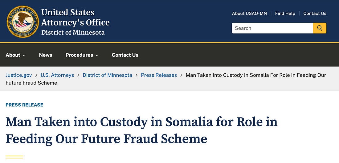 TonySeruga's tweet photo. Minnesota Somali Fraud Leader arrested while hiding in Somalia

Abdikerm Abdelahi Eidleh, an American Citizen (for the time being) was taken into custody in Mogadishu

—Colonel (Retired) John Mills

What right minded American Citizen would hide in Somalia?

Abdikerm Abdelahi Eidleh, one of the key ringleaders of child care fraud in Minneapolis did.

The details on how he was captured have not been released yet, but according to the U.S. Attorney’s office, “This case is a result of an investigation conducted by the FBI, IRS – Criminal Investigations, U.S. Postal Inspection Service, and Homeland Security Investigations.”

The Fraud Task Force led by Vice President Vance is making this effort a worldwide dragnet.

Once given a trial and convicted, there may be a possibility that ICE will look into how Eidleh became a naturalized U.S. Citizen.

I will bet you a coffee they will find that he lied on at least one answer during the naturalization, which could mean that Eidleh could be stripped of his citizenship and dropped off back in Mogadishu after serving his prison sentence for the fraud of taking money for feeding children who did not exist.

Aimee Bock, whom Abdikerm Abdelahi Eidleh closely worked with was the mastermind behind the Feeding Our Future scam, was slapped with a 41 year prison sentence in May after being convicted of all counts. https://t.co/uX43Nu31yB

At least 79 people have been charged in connection with the Feeding Our Future scheme and more than 60 have been convicted of crimes.

I’m not tired of winning yet and hoping that in addition to the convictions, that some of the money these fraudsters pocketed can be clawed back into the U.S. Treasury.

https://t.co/7Nj9iQUJXw