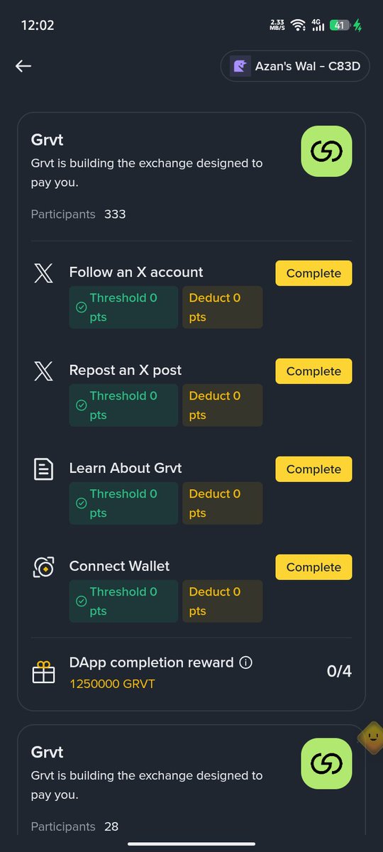 EarnWithAzan's tweet photo. Binance New $GRVT Booster Campaigns Live 🔥

Cost 2 Alpha Points

Task :

• Connect Wallet 

• Task 1: Follow @grvt_io on X

• Task 2: Repost an X post

• Task 3 Take Quiz 
Answers > C,B,B,B,B

• Task 5 Pair And Hit Leaderboard

50k Quota Go Fast ➡️

#Binance #Binancewallet #Binancealpha #crypto