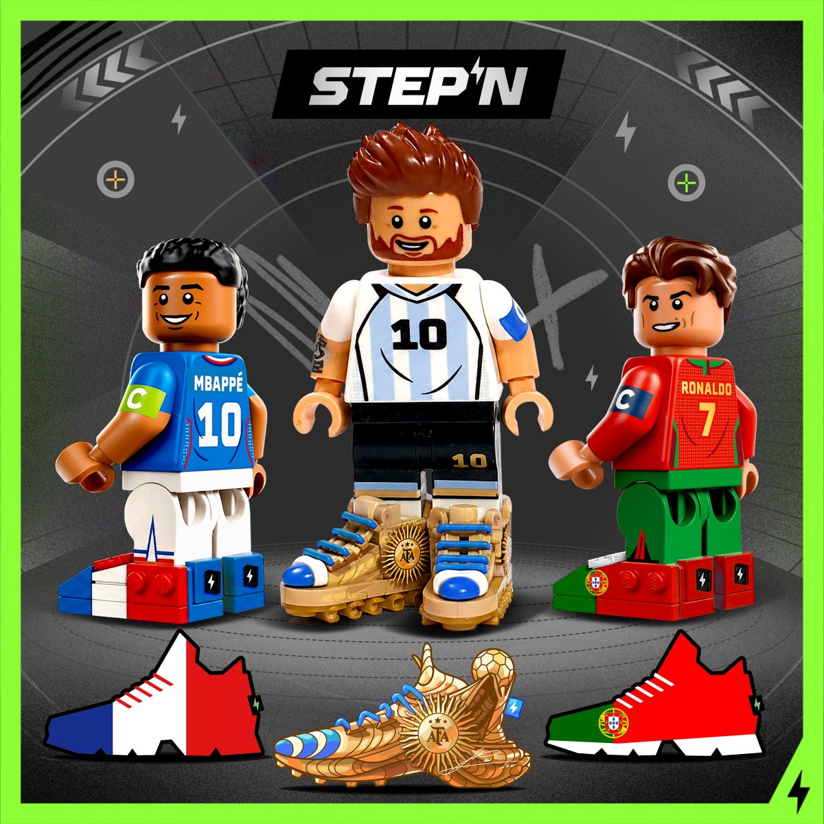 Crypto30Y's tweet photo. 🧱⚽ If LEGO Players Joined STEPN Around The World… 👟⚡️🔥

Are there any LEGO collectors in the #STEPN community? 👀🧱
You’ve probably seen the amazing LEGO football player figures recently, and I couldn’t stop myself from imagining one thing...
What if these LEGO legends wore STEPN Around The World sneakers? 👀👟

So I created my own version, and honestly... I need these in my collection! 🤩

Look at these legends:
🇵🇹 Cristiano Ronaldo rocking the Portugal Country Skin sneaker
🇫🇷 Kylian Mbappé wearing the France Country Skin sneaker
🇦🇷 Leo Messi wearing the Golden AFA Genesis Sneaker, signed by Messi himself! 🔥

I think many collectors and STEPNers would go crazy for something like this. 😍
Which LEGO football player would you love to see wearing a STEPN sneaker? 👀👟