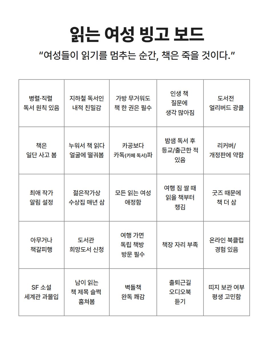 acrossbook's tweet photo. '읽는 여성' 빙고를 만들었는데요…
한 칸만 해당돼도 우리 모두 읽는 여성(당연함)🫂

자유롭게 저장해서 즐겨주세요💜
https://t.co/R2ec4aaI9Q https://t.co/LV0IYO2e5b