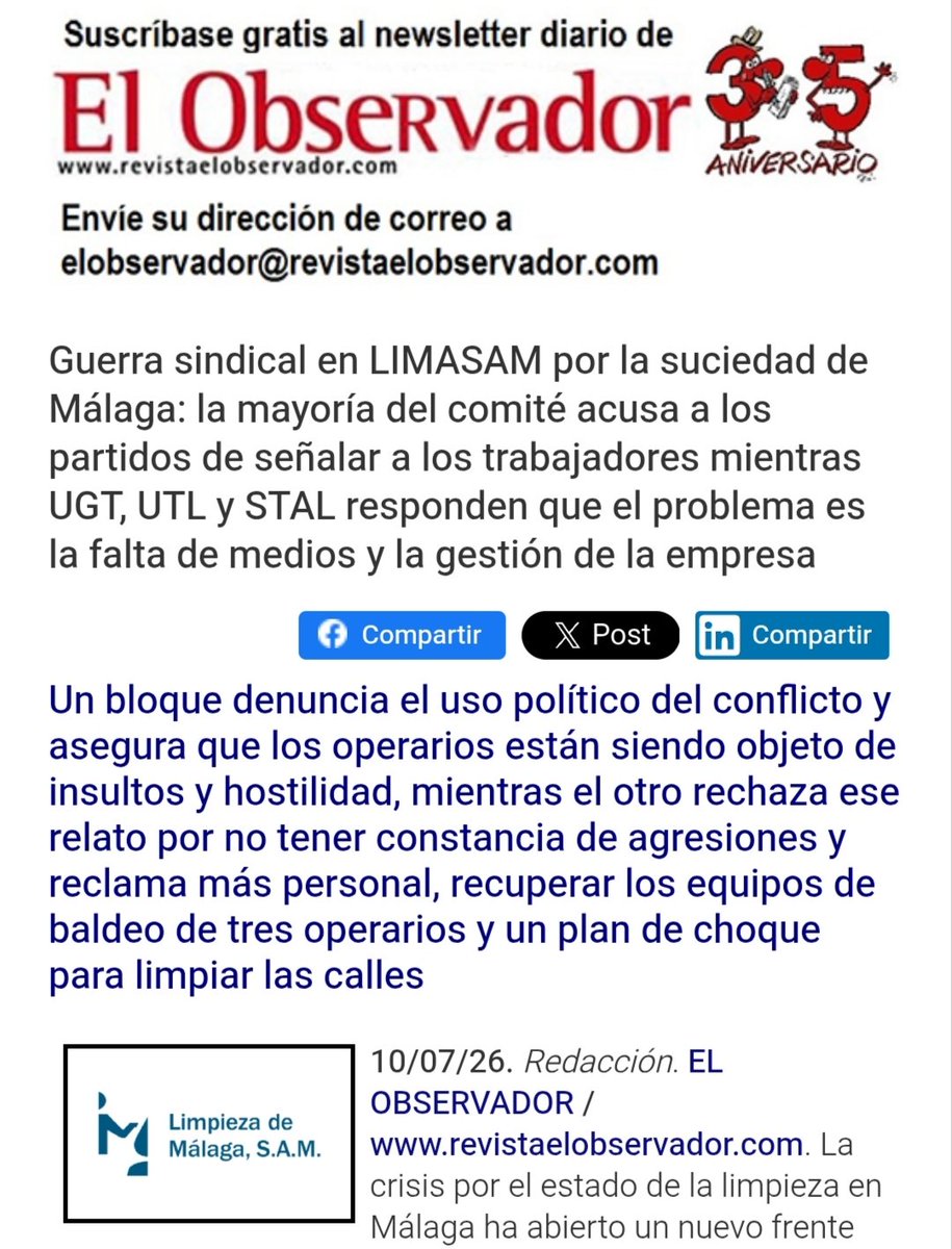 _ElObservador_'s tweet photo. #OJO
Guerra sindical en @LimasamOficial por la suciedad de @Malaga: la mayoría del comité de empresa acusa a los partidos de señalar a los trabajadores, mientras #UGT, #UTL y #STAL responden que el problema es la falta de medios y la gestión de la empresa.
. https://t.co/LRj1lw8zYZ