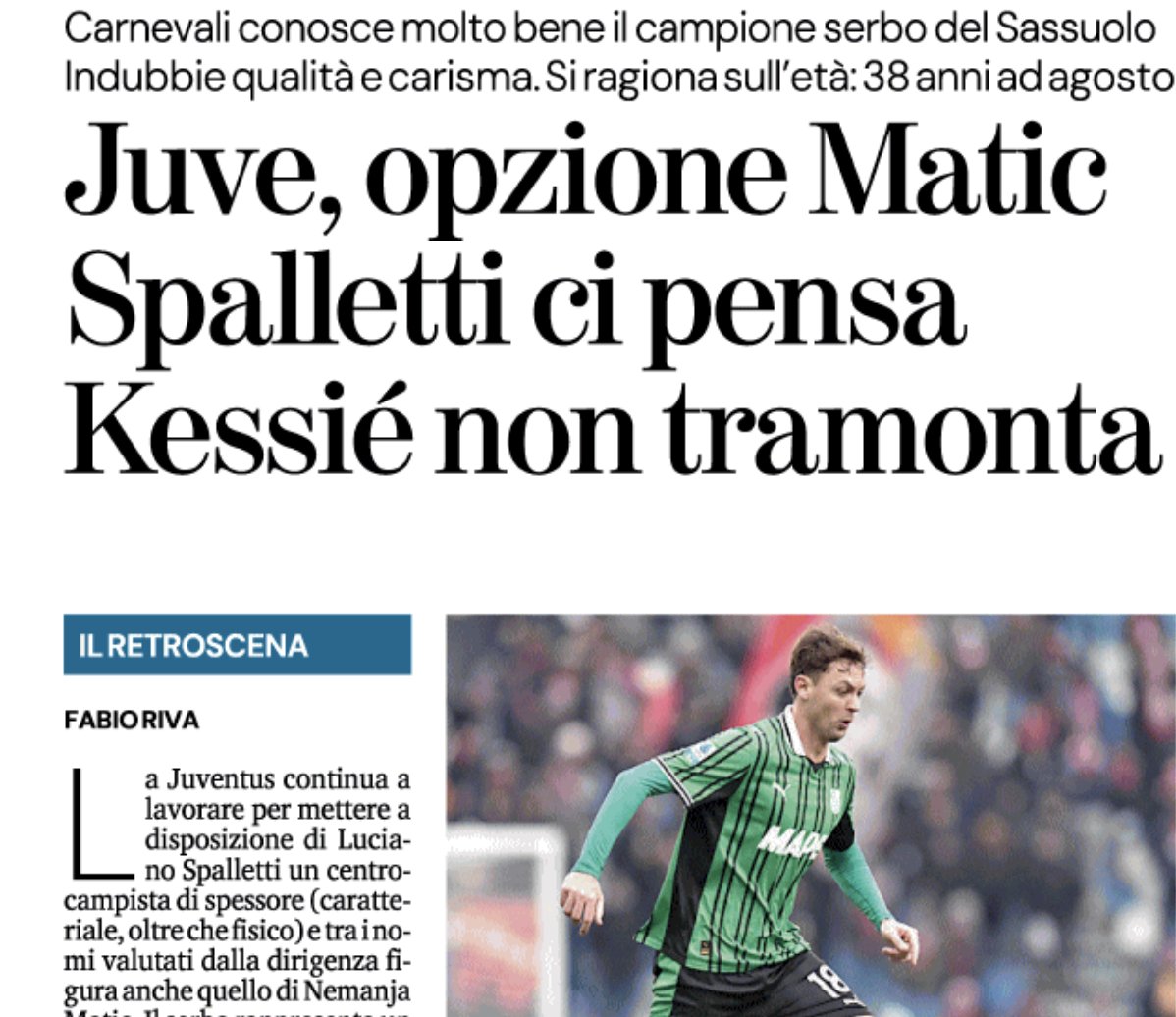 Guillaumemp's tweet photo. La Stampa : La Juve pense à Nemanja #Matic pour renforcer son milieu de terrain, son profil associe les qualités recherchés (charisme, expérience, mentalité...). Giovanni Carnevali l'avait recruté à Sassuolo et pourrait faire de même à Turin, mais Spalletti doit donner son feu vert. Les autres noms : Franck Kessié (qui demande 8M de salaire, la Juve ne veut pas dépasser les 5) et Leon Goretzka 🗞️