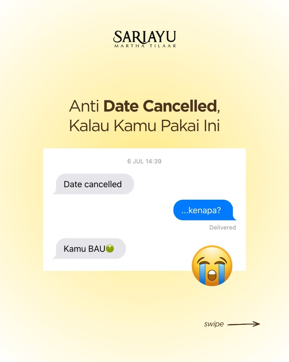 Sariayu_MT's tweet photo. ANTI DATE CANCELLED❌
Kalau kamu pakai rangkaian Sariayu Tanjung sebelum nge-date, bisa dipastikan date kamu berjalan lancar soalnya kamu punya wangi yang bikin banyak orang jatuh cinta~

#Sariayu #SariayuTanjung #CleanBeauty https://t.co/L5JrlZBmxc