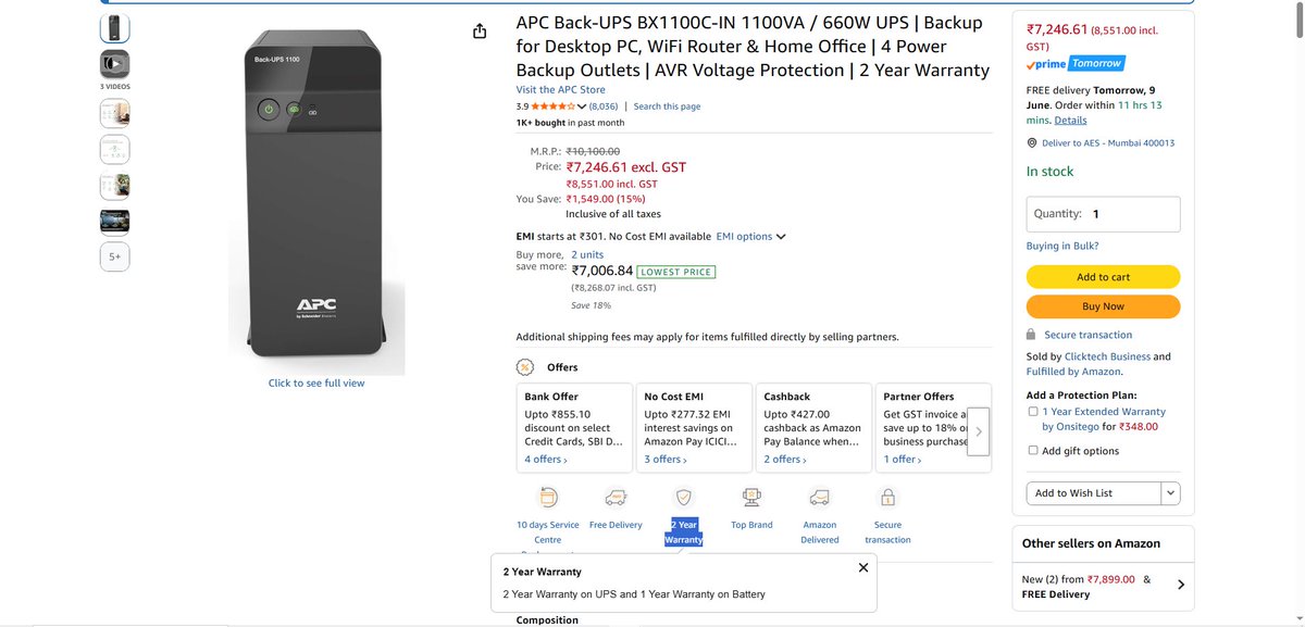 imransoorya's tweet photo. @amazon looks like I am scammed by @amazonIN amazon sold this ups with 2 years warranty clearly mentioned. Manufacturer denying warranty saying only 1 year. Amazon pushing me to manufacturer and manufacturer pushing me to Amazon. Attaching f products link invoice and SS https://t.co/sWrfMRrxQe