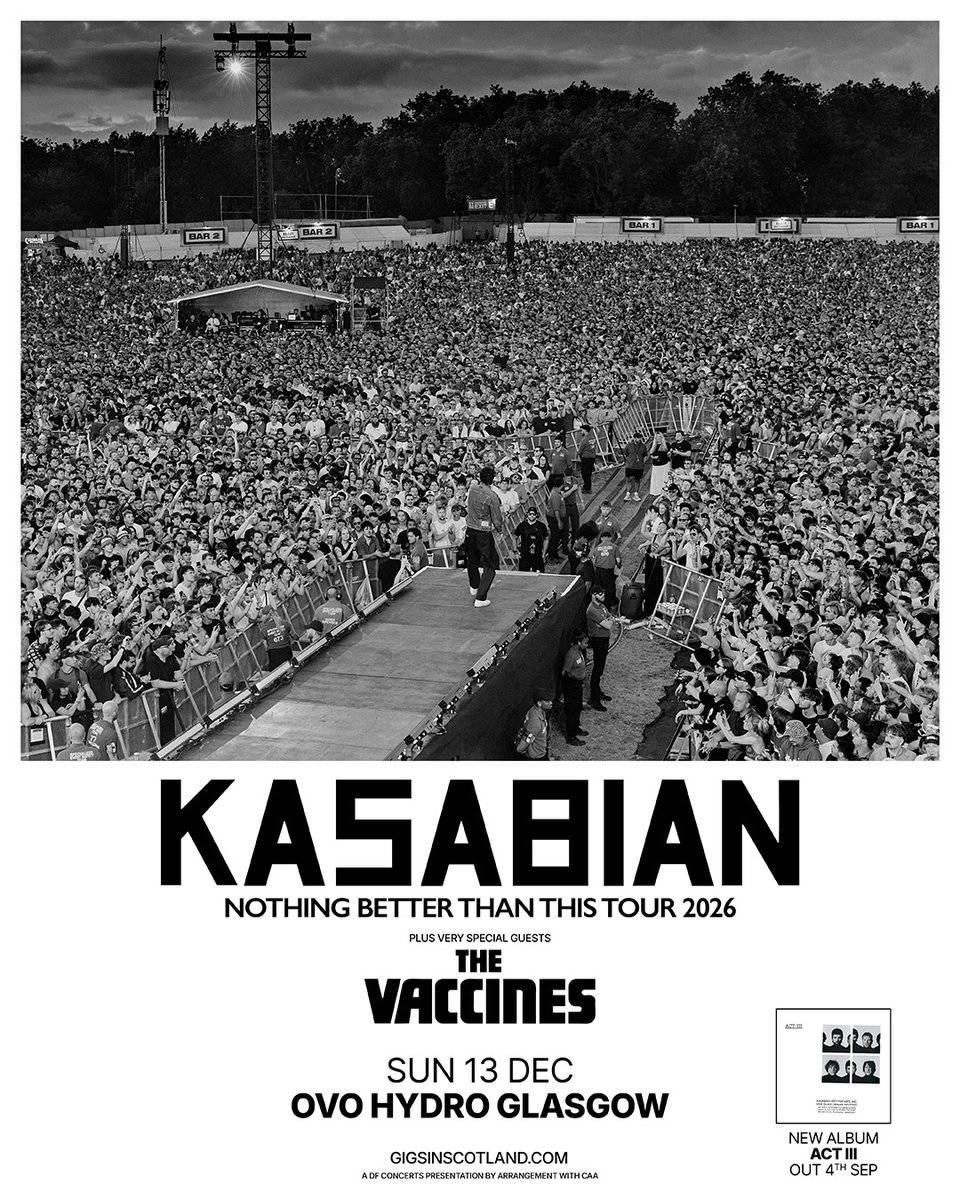 OVOHydro's tweet photo. ANNOUNCED 📣

The might Kasabian are returning to Glasgow on 13 December this year - if their previous visits to the OVO Hydro are anything to go by you DON'T want to miss this one!

More info ➡️ https://t.co/nvHZHwWfty https://t.co/JDjPAlwQkm