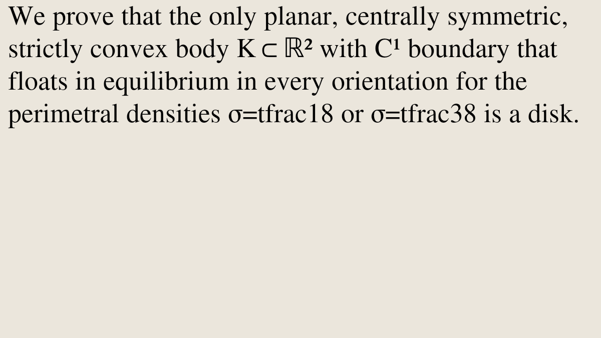 MetricGeometry's tweet photo. Rigidity in the planar Ulam floating body problem with perimetral densities σ=tfrac18,tfrac38 under central symmetry

Oleg Asipchuk, Maksim Kosmakov, Pavel Zatitskii
https://t.co/ne17p2x9aG [𝚖𝚊𝚝𝚑.𝙼𝙶] https://t.co/98SCLeb3dK