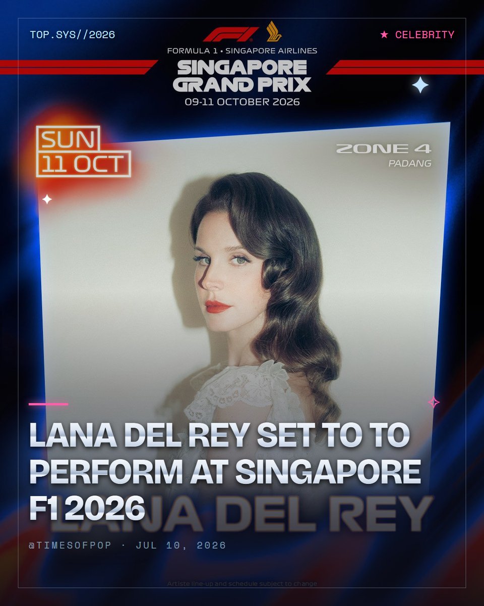 timesofpop's tweet photo. singapore is so lucky for this 🎶

Lana Del Rey is set to perform at the Singapore Formula 1 Grand Prix on Sunday, October 11, 2026. it's one of the biggest entertainment slots on the F1 calendar and she's headlining it.

is Stove finally coming? https://t.co/m9ttWGqeeD