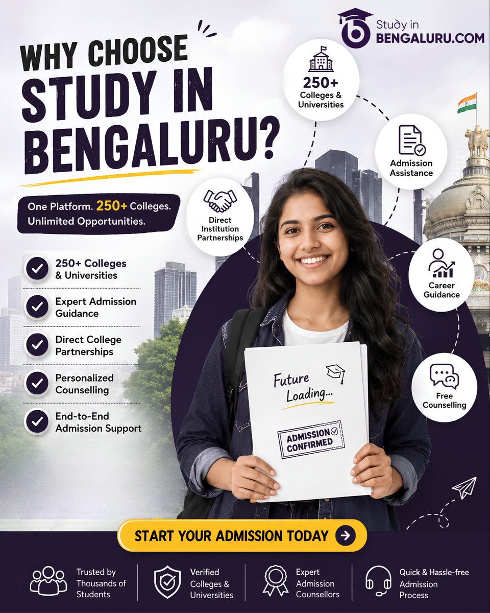 Studyinbengalur's tweet photo. 🎓 Your dream college in Bengaluru is just one step away!

At Study in Bengaluru, we connect you with 250+ colleges &amp; universities, provide expert admission guidance, free counselling, and end-to-end admission support to help you make the right choice.

#studyinbengaluru https://t.co/rsJmTdPdSr
