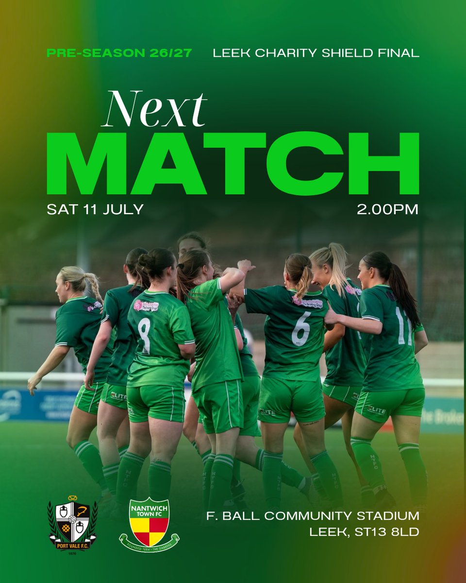 NantwichWomenFC's tweet photo. Pre-season continues tomorrow with the Leek Charity Shield Final!💪

After our penalty win against Leek on Sunday, we are through to play Port Vale in the final of the shield!⚔️

A rare Saturday match for the team, as we carry on preparations for the season ahead!🙌 https://t.co/g8KxGvx8U7