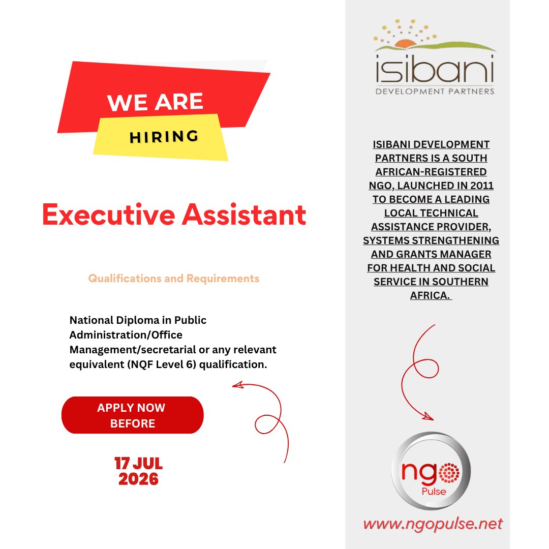 sangonet's tweet photo. EMPLOYMENT ALERT🚨

POSITION: Executive Assistant

COMPANY: Isibani Development Partners

LOCATION: South Africa

APPLICATION LINK: https://t.co/xvwG3Ousb7

APPLY BEFORE: 17 Jul 2026
#opportunity #employment
Follow Sangonet_ channel on WhatsApp
https://t.co/U4geIBSBZo https://t.co/MWKKjg9ITj