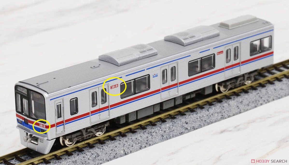 hobbysearch_mt's tweet photo. 【ご存じでしたか？】
京成電鉄の3700形の中には車両番号が3800番台になっている車両があります。

3700形は京成電鉄の中では製造両数の多い主力車両のひとつです。改良を重ねながら増備を続けた結果、車両番号は3700番台だけでは足りなくなり、4次車の3808編成から3800番台が付けられるようになりました。

このため、京成電鉄には「3800形」と呼ばれる正式な車両形式はなく、しいて言えば3700形の後期形を指す通称となります。

よって、2028年度運行開始予定の新型特急車両が3900形となったのも、3800番台を飛ばして付けたものと考えられます。

添付の写真は、3700形5次車の3818編成を再現したGREENMAXのNゲージ車両セットです(現在売切中)。黄色の丸で囲んだ車番にご注目ください。

京成 3700形 (5次車) 8輛編成セット (動力付き) (8両セット) (塗装済み完成品)
https://t.co/SDwFpOzTeK