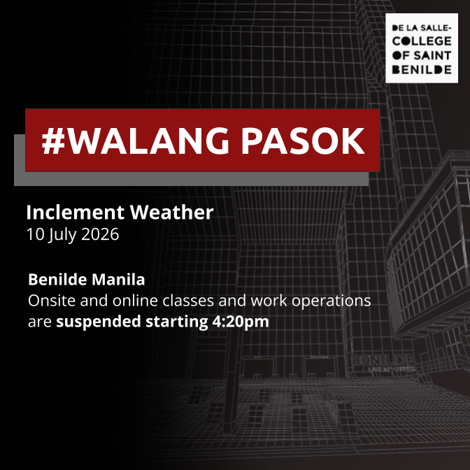 BenildeNews's tweet photo. Onsite and online classes and work operations in Benilde Manila are suspended today, 10 July 2026 starting 4:20pm, due to inclement weather brought about by Typhoon Inday. #WalangPasok https://t.co/Fc2TGqNlGz