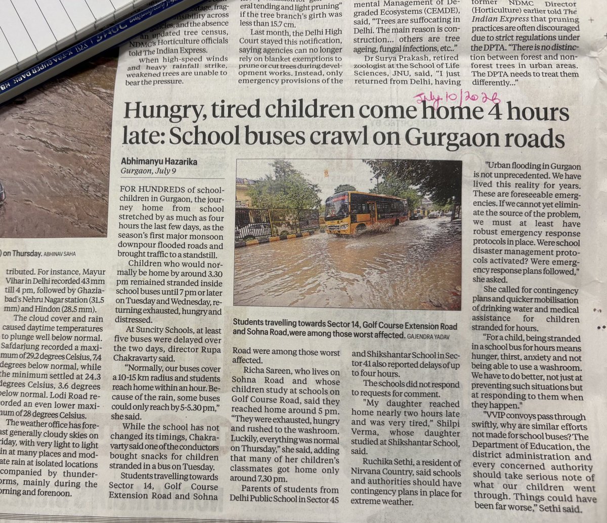SethiRuchikaT's tweet photo. The events of July 8–9, when schoolchildren in Gurugram were stranded in buses for hours amid heavy rain, urban flooding and traffic disruption -and the distress faced by their parents -raise a simple question:

Will the District Administration conduct a comprehensive review of what happened?

As I said earlier, these are foreseeable emergencies. If we cannot yet eliminate the source of the problem, we must at least have robust emergency response protocols in place. For a child, being stranded in a school bus for hours means hunger, thirst, anxiety and not being able to use a washroom.

Several parents have also pointed out that such prolonged delays have occurred during previous monsoons. Since this is a recurring challenge, we need clear contingency plans that schools and authorities can activate when children are likely to be stranded for extended periods.

Such a review can help identify the gaps, learn from what happened, and put in place corrective steps so that School Administrations , the Education Department, police and civic agencies are better prepared for similar situations in the future.

Gurugram’s monsoon challenges are not new. Every such experience must help strengthen preparedness and ensure that children’s safety remains at the centre of our response.

@NayabSainiBJP @csharyana @DC_Gurugram @Haryana_Schools @StateHaryana @EduMinOfIndia @MunCorpGurugram @OfficialGMDA @cmohry @dcptrafficggm @gurgaonpolice 

#Gurugram #ChildSafety #UrbanFlooding #Accountability 

@IndianExpress @AB_Hazardous