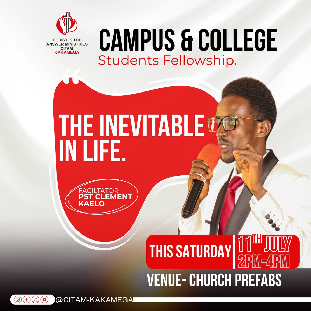 citamkakamega's tweet photo. 🎓 Campus &amp; College Students!Life comes with challenges—but God has wisdom for every season. Join Pastor Clement Kaelo this Saturday for "The Inevitable in Life."

🗓 11 July | 🕑 2–4 PM
📍 Church Prefabs

#CampusAndCollegeFellowship
#TheInevitableInLife
#GodOfTheImpossible https://t.co/UnCazMtkOJ
