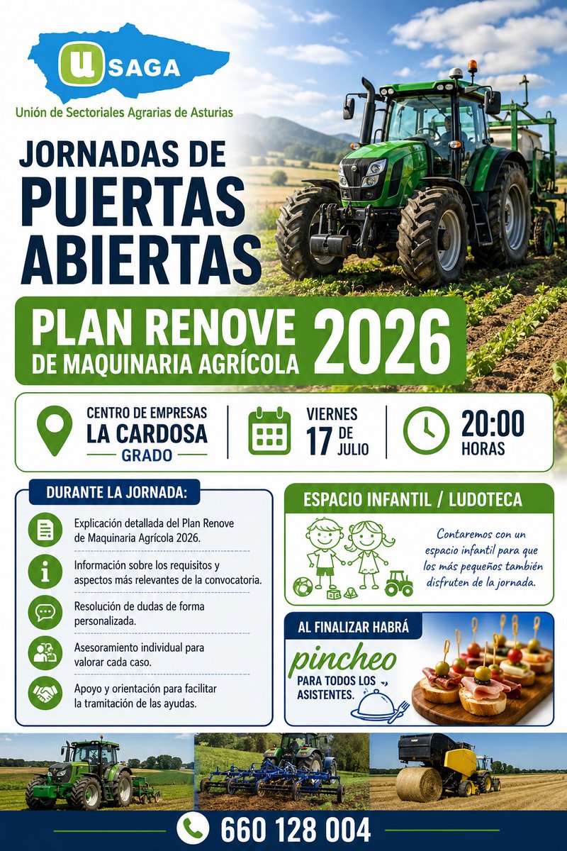 UniondeUniones's tweet photo. 🚜¿Quieres conocer el Plan Renove de Maquinaria Agrícola 2026?

USAGA celebra una jornada de puertas abiertas con información práctica, asesoramiento personalizado y resolución de dudas.

📅17 de julio
📍Centro de Empresas La Cardosa (Grado)
🕗20:00 h
📞660 128 004

#PlanRenove https://t.co/iwc8mxrtD8