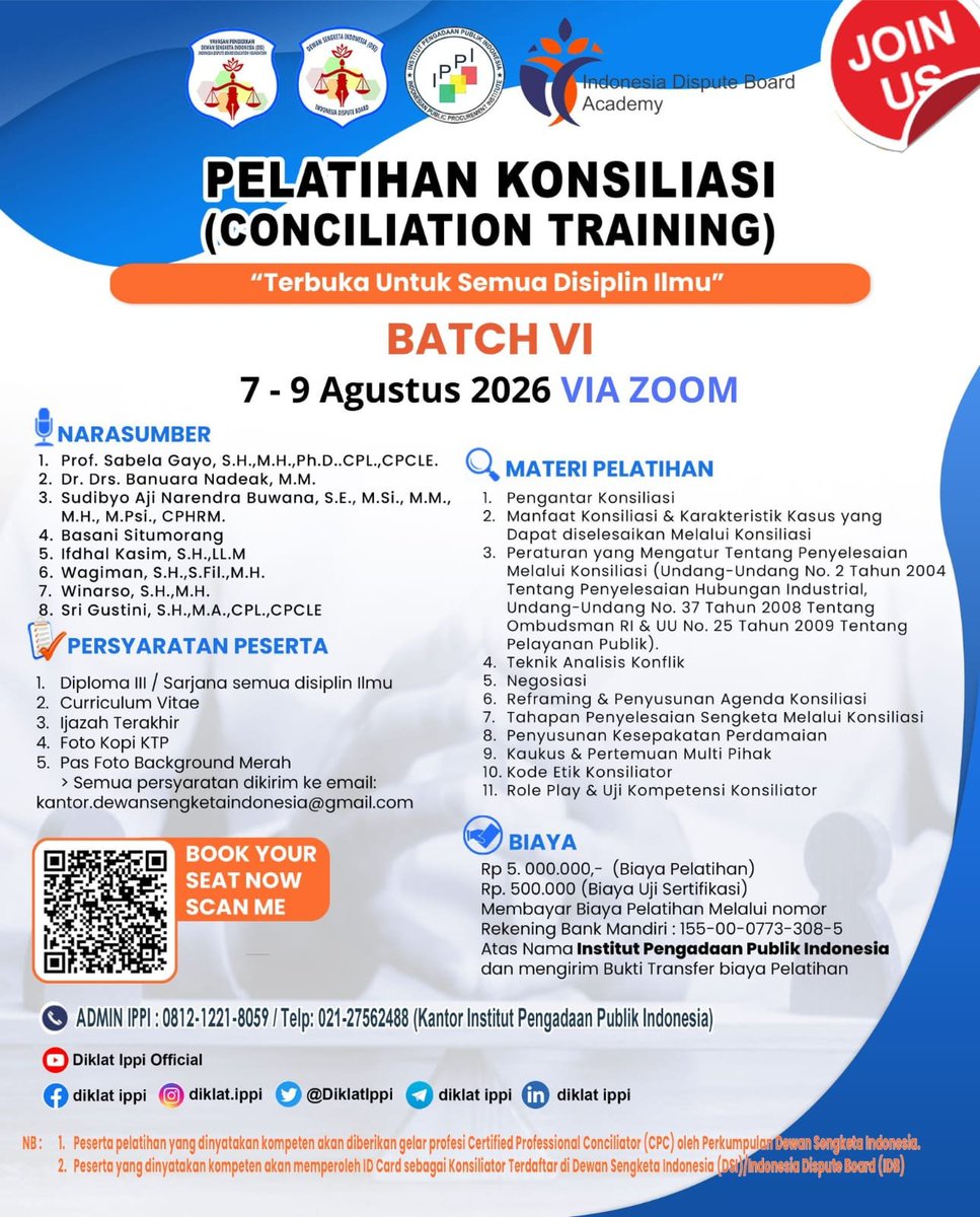 DiklatIppi's tweet photo. PENDAFTARAN PELATIHAN KONSILIASI

BATCH - VI

7 - 9 AGUSTUS 2026

HUBUNGI;

1. Fitri (Admin DSI) ; 0822-5865-5298

2. Kantor IPPI: 021-27562488

3. Admin; 0812-1221- 8059 https://t.co/dwdFJRejMz