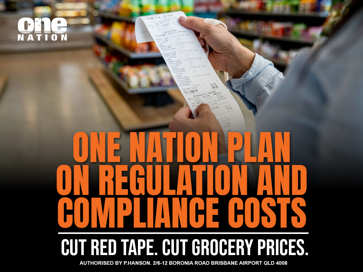 OneNationAus's tweet photo. One Nation will bring grocery prices down by getting government off farmers’ backs. We would cut unnecessary regulation, streamline approvals, reduce reporting obligations, remove duplication between governments and review compliance systems that push up food costs. Farmers need time in the paddock, not time buried in net-zero paperwork.